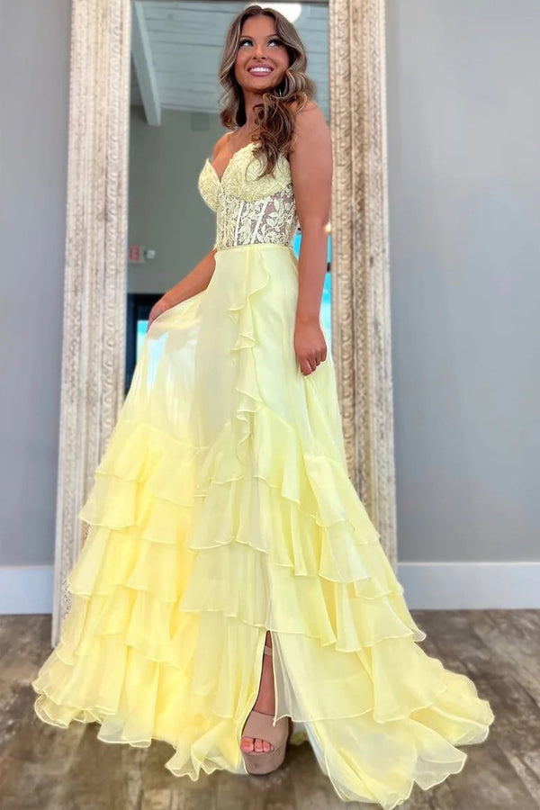 A-Line Strapless V-Neck Ruffles Chiffon Yellow Long Prom Dress PSK680