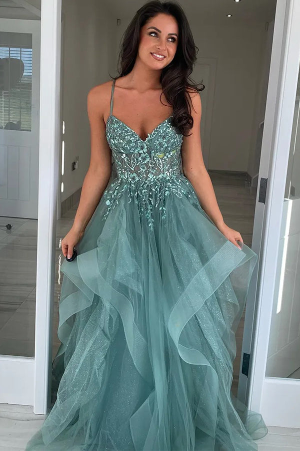 A-Line Straps Appliques Tulle Grey Green Long Prom Dress PSK644