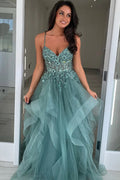 Abito da Ballo Lungo in Tulle Grigio Verde con Spalline a Linea e Appliques PSK644