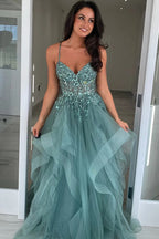 A-Line Straps Appliques Tulle Grey Green Long Prom Dress PSK644