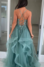 A-Line Straps Appliques Tulle Grey Green Long Prom Dress PSK644