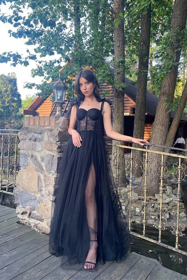 Vestido de festa preto comprido com alças em forma de coração e sem mangas PSK619