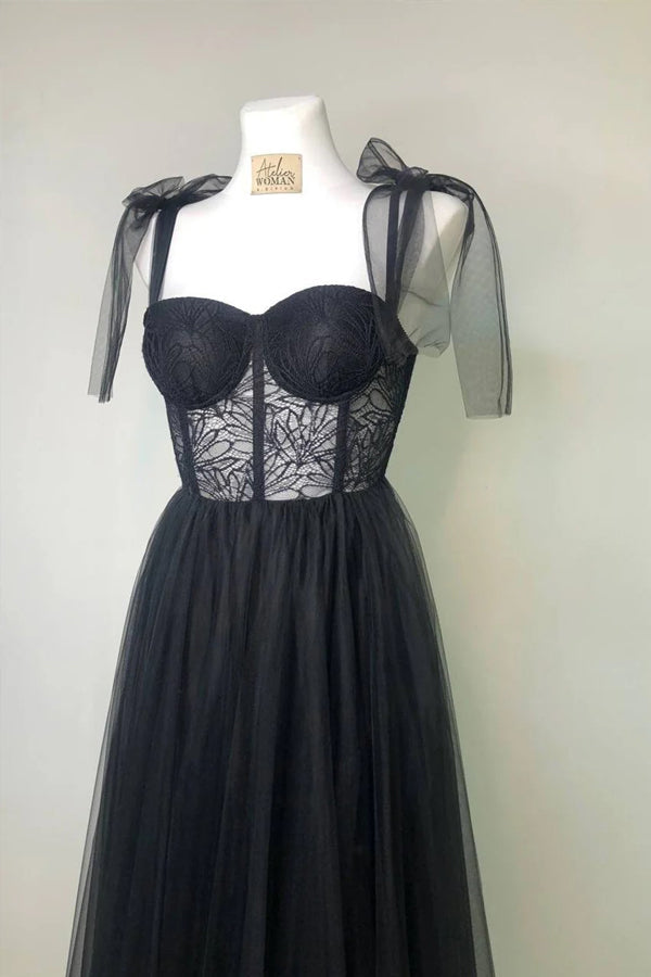 Vestido de festa preto comprido com alças em forma de coração e sem mangas PSK619