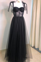 Vestido de festa preto comprido com alças em forma de coração e sem mangas PSK619