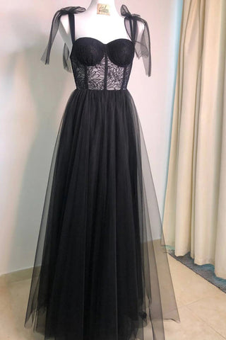 A-Line Straps Sweetheart Sleeveless Black Long Prom Dress PSK619
