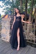 Vestido Largo de Gala Negro Sin Mangas con Tirantes en Línea A y Escote Corazón PSK619