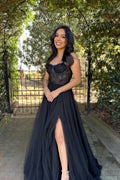 Robe de bal longue noire en dentelle avec encolure en cœur et coupe A PSK395