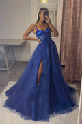 Abito da ballo lungo in tulle e pizzo con scollatura a cuore e linea a A blu reale PSK491