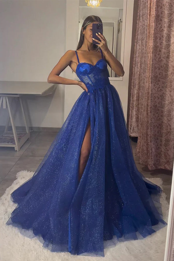Vestido de festa comprido azul royal com decote em coração e tule e renda PSK491