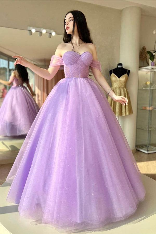 Vestido de festa comprido em tule roxo com decote em coração e corte A PSK364