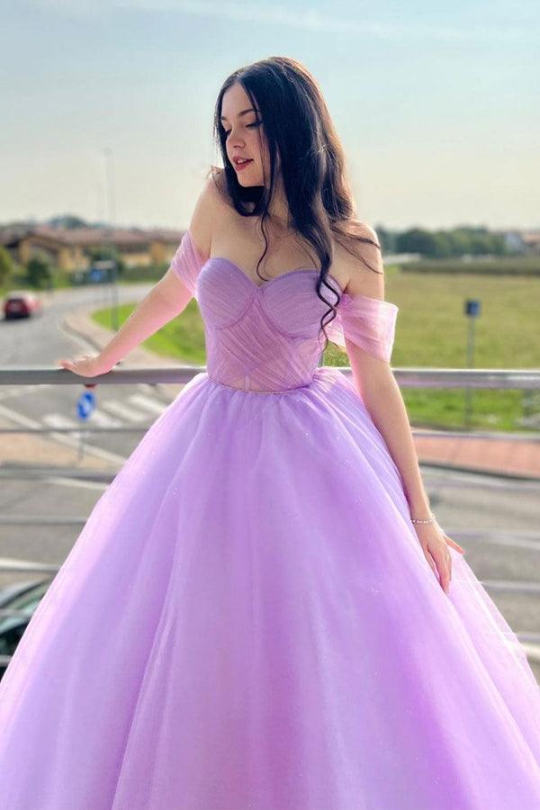 Vestido de festa comprido em tule roxo com decote em coração e corte A PSK364