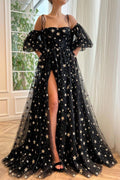 Vestido de Gala Largo Negro de Tul con Corte en A Vestido Formal Negro de Tul PSK311