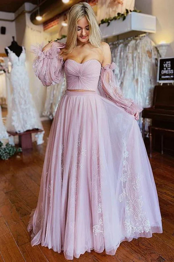 Vestido de festa em duas peças, estilo A, rosa-pó, com mangas, PSK508