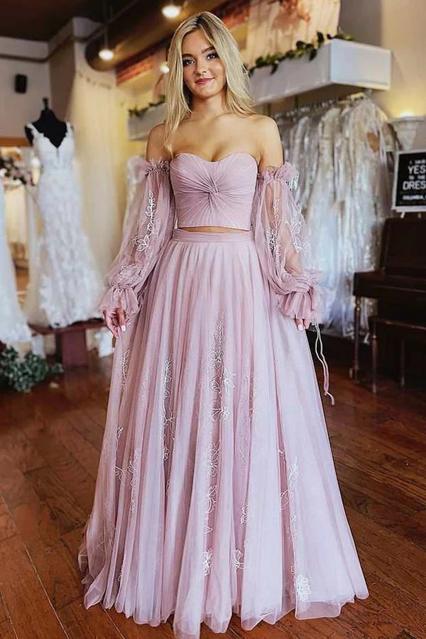Vestido de festa em duas peças, estilo A, rosa-pó, com mangas, PSK508