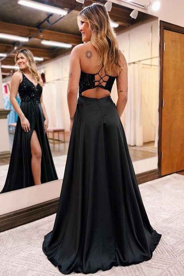 Vestido de festa preto comprido com decote em V e corte A e bolsos PSK399