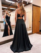 Colette | Black A-Line V-Neck Satin Prom Dress with Slit
