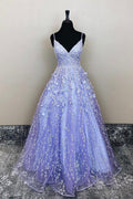 Vestido Largo de Noche de Gala con Cuello en V y Línea A, de Encaje Lila con Flores  PSK385