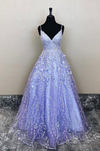 A-Line V-Neck Lavender Lace Floral Long Prom Evening Dress  PSK385