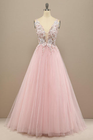 A-line V Neck Tulle Prom Dress Floral Lace Formal Dress PSK323