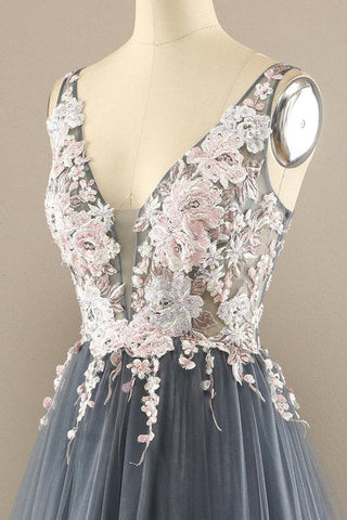 A-line V Neck Tulle Prom Dress Floral Lace Formal Dress PSK323