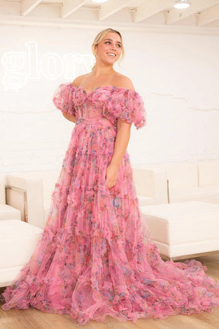 A-Line Off The Shoulder Sweetheart Floral Long Prom Dress PSK618