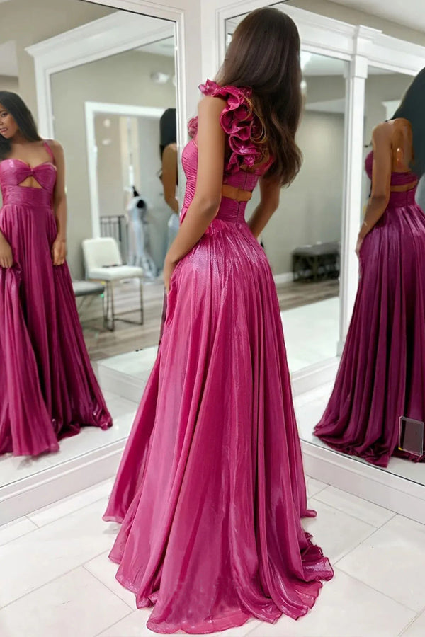 Vestido de festa em corte A, um ombro só, decote em V, fúcsia, com racha PSK633