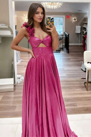 A-Line One Shoulder Keyhole Fuchsia Prom Dress with Slit PSK633