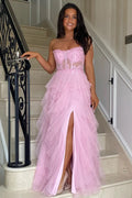 Vestido de Fiesta Largo Rosa con Corsé, Aplicaciones, Volantes, Abertura y Línea A PSK604