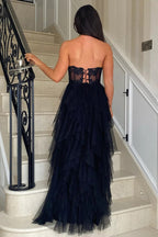 Vestido de festa comprido rosa com racha e folhos em corte A, corpete, PSK604