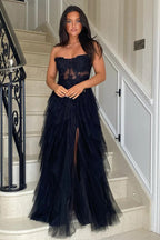 Vestido de festa comprido rosa com racha e folhos em corte A, corpete, PSK604