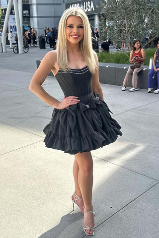 A-Linie, trägerlos, schwarz, kurzes Homecoming-Kleid mit Schleife, PD560