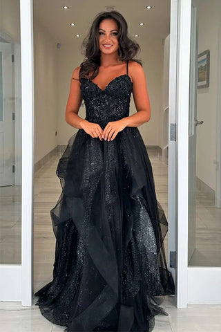 A-Line Straps Appliques Tulle Grey Green Long Prom Dress PSK644