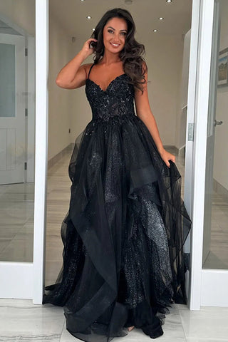 A-Line Straps Appliques Tulle Grey Green Long Prom Dress PSK644