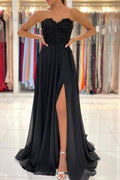 Robe de bal longue en mousseline de soie dentelée noire à encolure en cœur et coupe A  PSK260