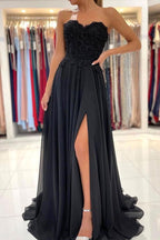 Vestido de festa comprido em chiffon com decote em coração preto e corte A, vestido de cerimónia PSK260