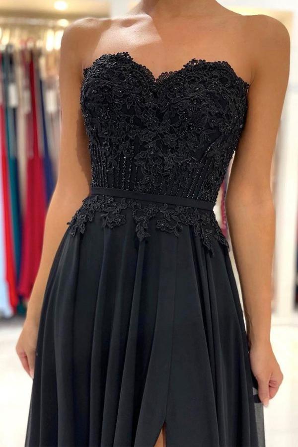 Vestido de festa comprido em chiffon com decote em coração preto e corte A, vestido de cerimónia PSK260