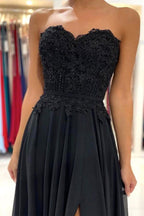 Vestido de festa comprido em chiffon com decote em coração preto e corte A, vestido de cerimónia PSK260