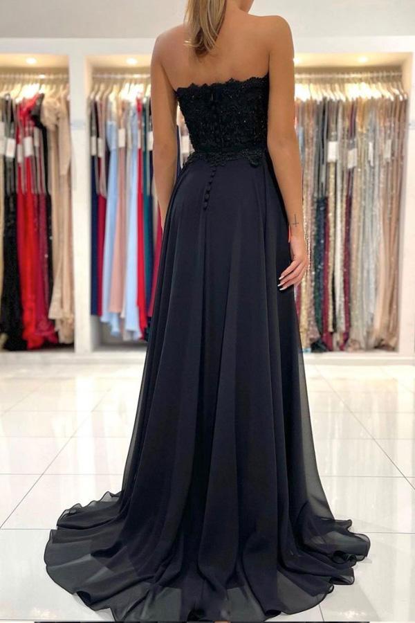 Vestido de festa comprido em chiffon com decote em coração preto e corte A, vestido de cerimónia PSK260