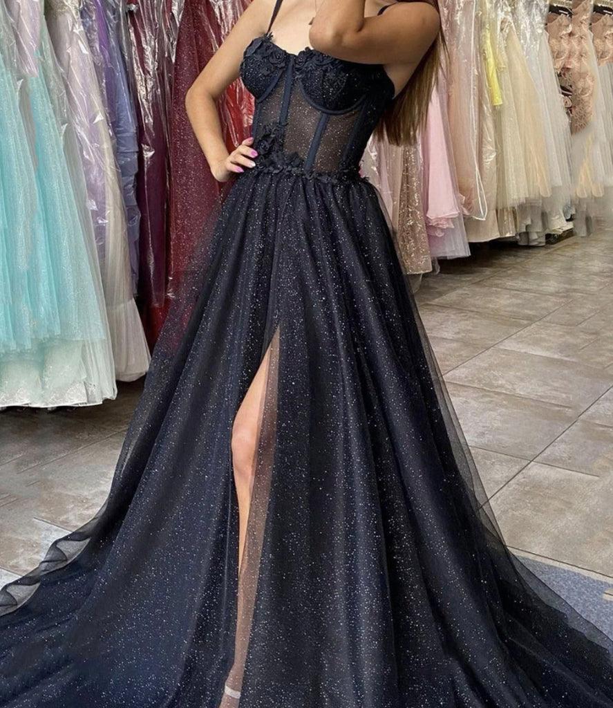 Vestido de festa preto comprido com racha em tule evasé PSK305