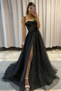 Abito da ballo lungo nero a cuore in tulle a linea A con spacco PSK305