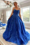 Robe de soirée bleue à col rond et dentelle, style A-ligne, avec laçage  PSK277