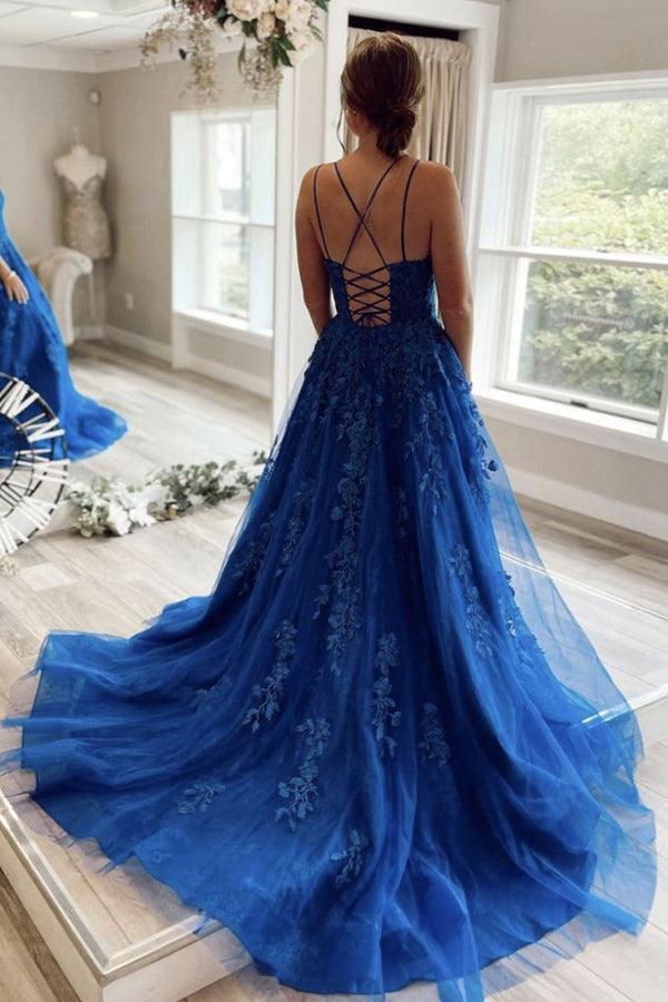Vestido de festa azul com decote redondo e renda, corte A, vestido de noite com atacadores PSK277