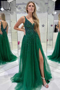 Vestido de Fiesta de Tul con Lentejuelas en V y Línea A Verde Oscuro PSK486