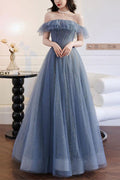 A-Linie Grau Blau Schulterfrei Langes Ballkleid Partykleid PSK268