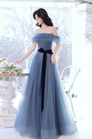 A-line Gray Blue Off The Shoulder Long Prom Dress Party Dress PSK268