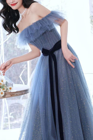 A-line Gray Blue Off The Shoulder Long Prom Dress Party Dress PSK268