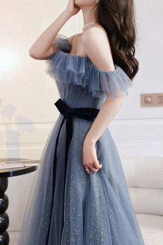 A-line Gray Blue Off The Shoulder Long Prom Dress Party Dress PSK268