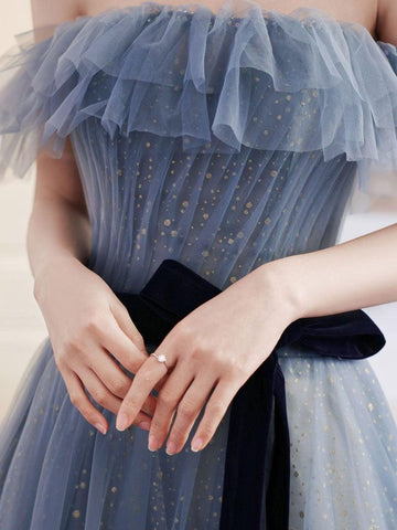 A-line Gray Blue Off The Shoulder Long Prom Dress Party Dress PSK268