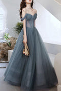 A-Linie Graues Tüll Langes Ballkleid Schulterfrei Abendkleid PSK287