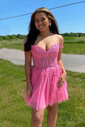 A-Linie Hot Pink Spitzenapplikationen Partykleid Homecoming Kleid PD460